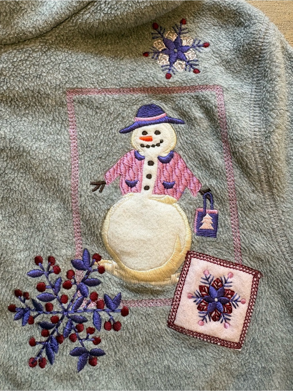 Late 90s Y2K Fleece Jacket Grandmacore Embroidered Snowman Croft & Barrow Gray M - Picture 5 of 9